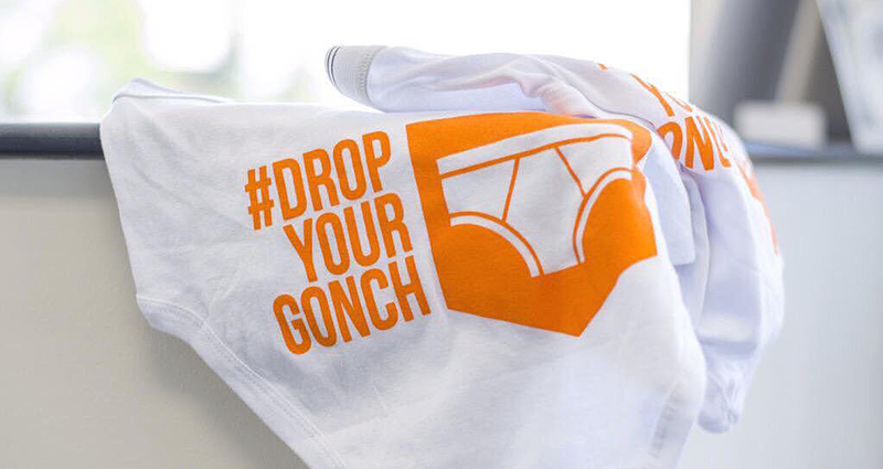 Clean white underwear with Drop Your Gonch campaign logo