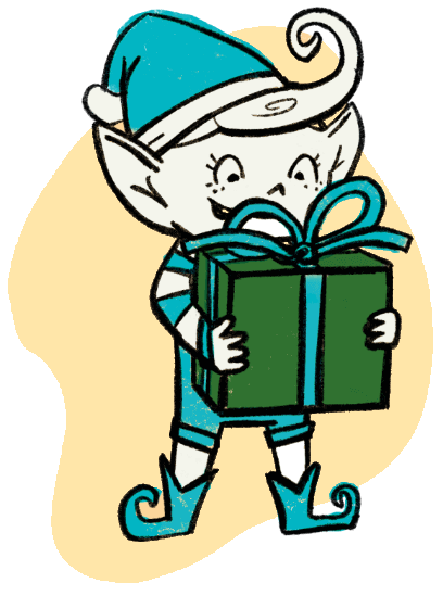 Bissell Elf holding a holiday gift