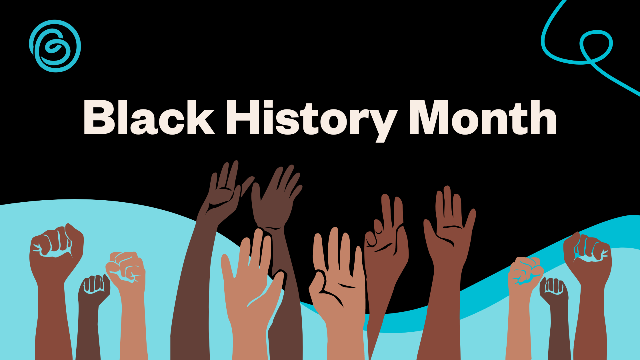 Graphic saying Black History Month with Black hands raised on a black and blue waved background