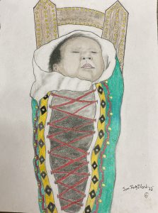 Drawing of a small swaddled child by Bissell's artist in residence.