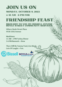 Poster with corn and pumpkin and details about Bissell and Boyle's October 9 Friendship Feast
